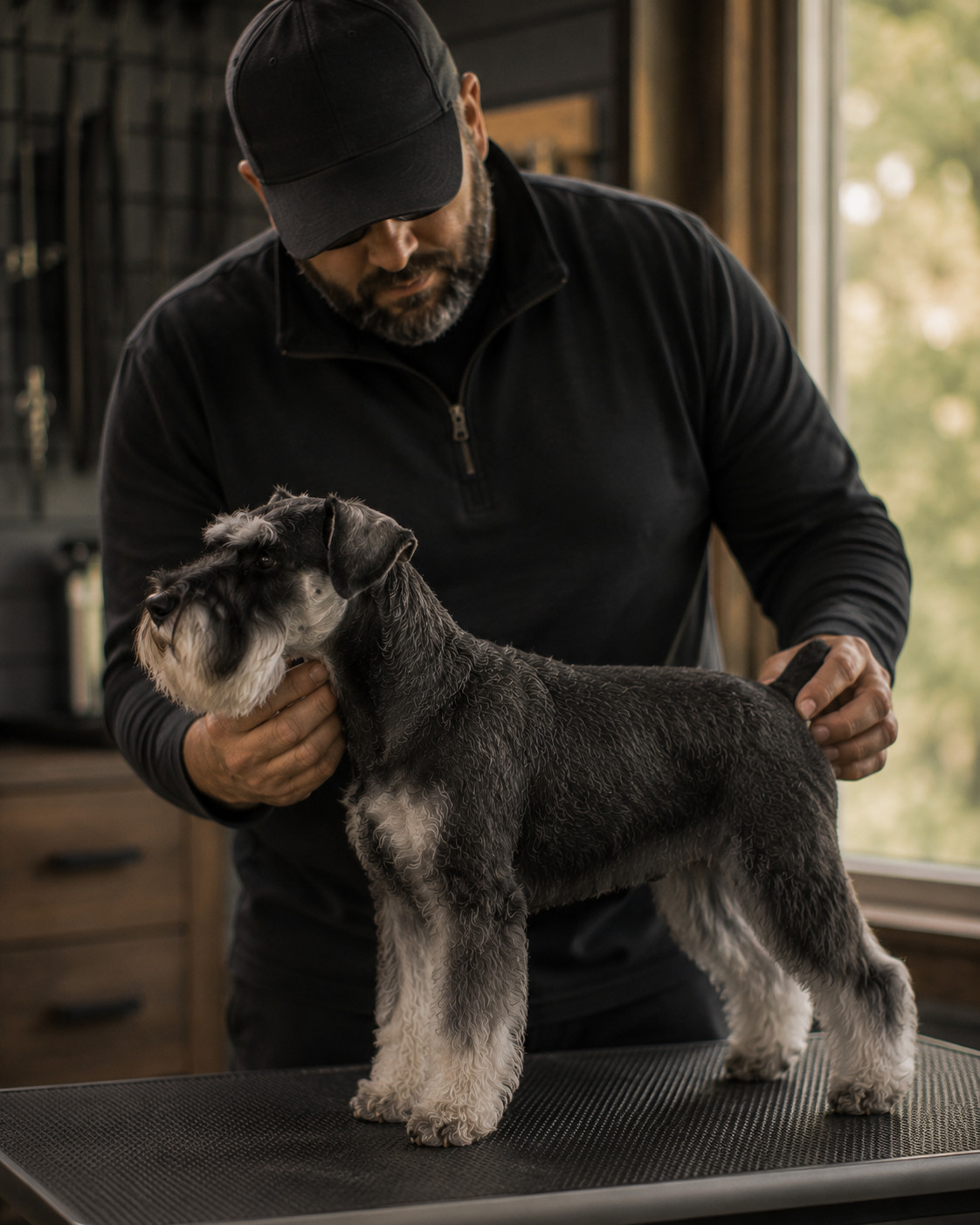 Harbinger Schnauzers breeder working with a Miniature Schnauzer